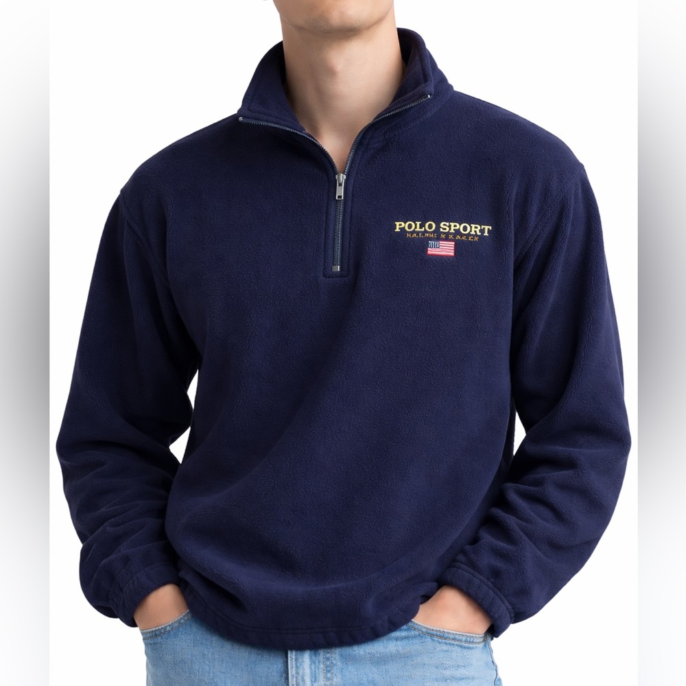 Vintage Polo Sport Ralph Lauren Navy Fleece 1/4 Zip Pullover USA Made